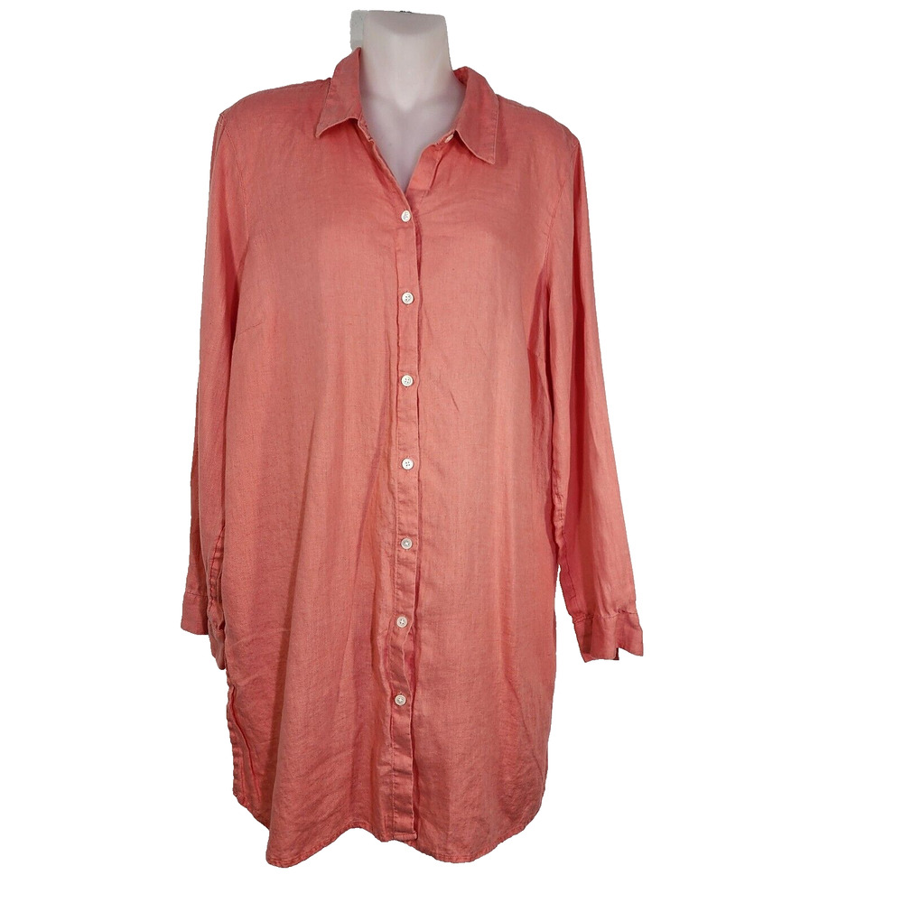 J. Jill Love Linen Tunic Top Womens Medium Coral Button Long Sleeve Lightweight